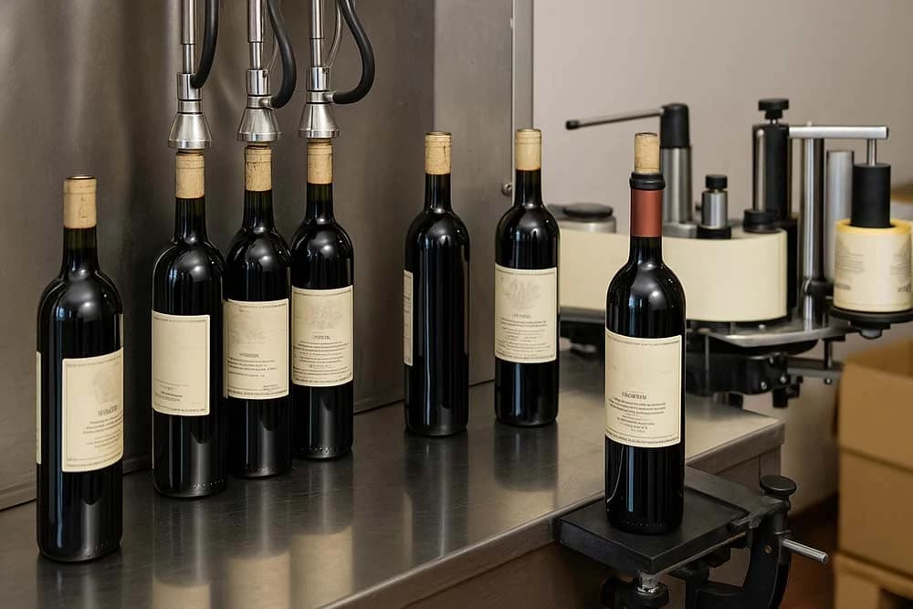 Proces flaširanja vina u vinariji – staklene boce crnog vina na traci za punjenje i etiketiranje